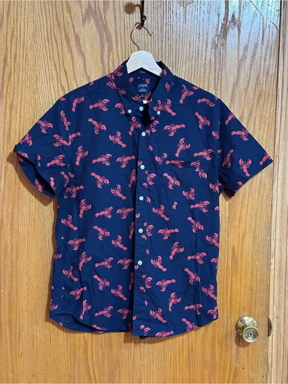 J. Crew Navy Short-Sleeve Button-Up with Red Lobster Print sz large coastal